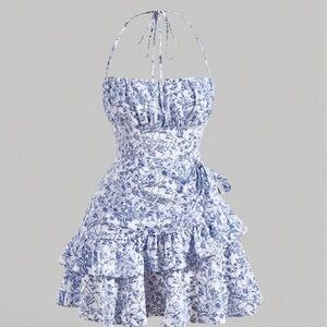 Floral Blue and White Ruffled Blouse